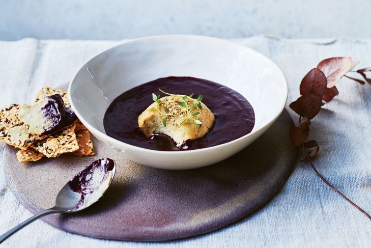 Nut Cheese with Chilled Blackberry Soup