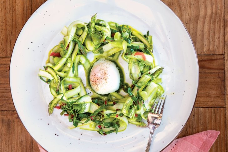 Shaved Asparagus Salad with Poached Eggs and Spruce Tip Vinaigrette